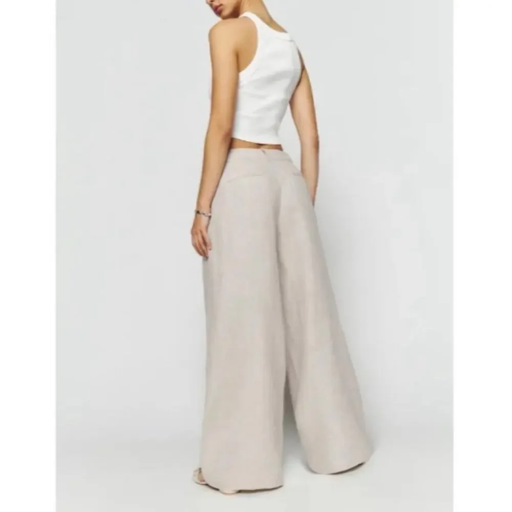 Reformation Neutral Asher Trousers Linen Wide Leg Relaxed Fit Beige Size 2